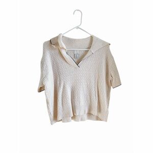 Cream Knit Short Sleeve Collared Sweater
